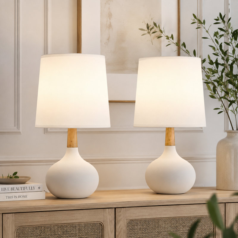 14" Modern White Ceramic Small Table Lamp with Pre-Assembled Shade, White