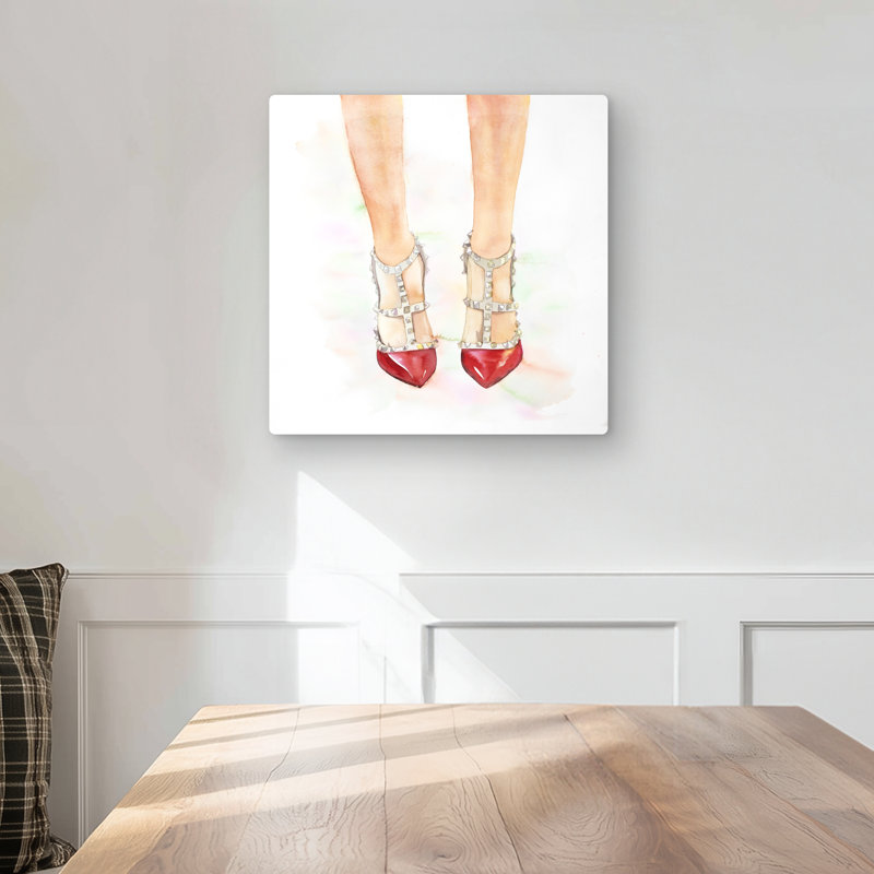 Red Studded High Heels | Beige Romantic Metal Print Decor