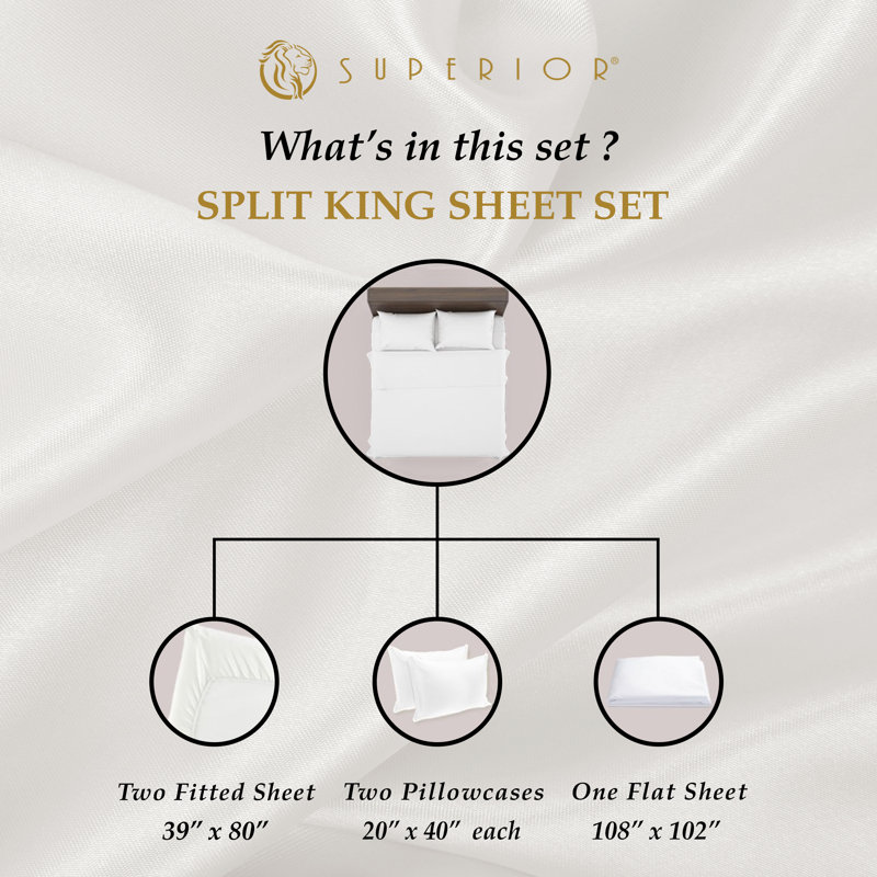 BNM Gisla Deep Pocket 400-Thread Count Egyptian-Quality Cotton Solid Sheet Set, Split King Sheet Set with 2 Pillowcases