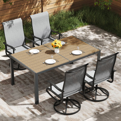 Ensemble de salle à manger d'extérieur pour 4 personnes, chaises de patio pivotantes en polyester respirant recouvert de PVC et table de salle à manger rectangulaire, ensemble de salle à manger toutes saisons pour la pelouse, le jardin et la cour