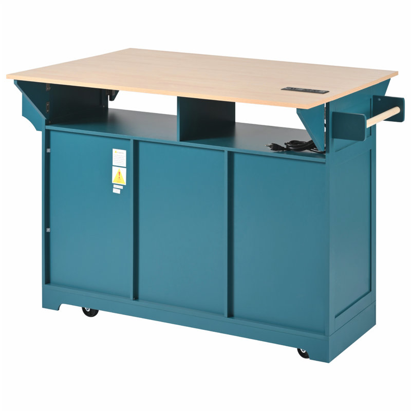 55.7'' Large Kitchen Island with 2 Drop Leaf,, Rolling Kitchen Cart on 5 Wheels with Power Outlet, Folding Storage Dining Table with Spice & Towel Rack , 3 Drawers, for Kitchen, Dining Room,Green