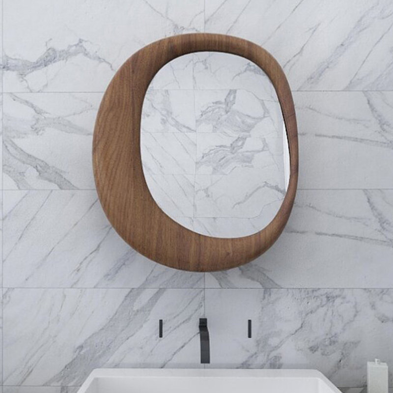 Miroir mural asymétrique en bois fabriqué, H 31,89 po x L 27,56 po, Walnut