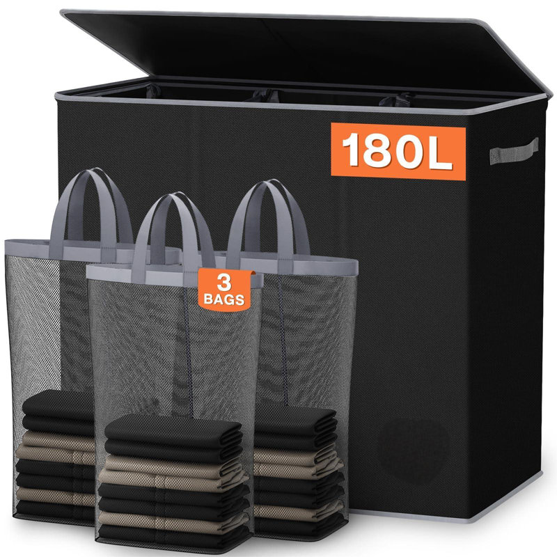 Panier à linge 180L à 3 sections, très grand panier à linge avec couvercle, panier à linge sale avec poignée robuste, grand panier à linge pour la salle de lavage, chambre à coucher, paniers à linge