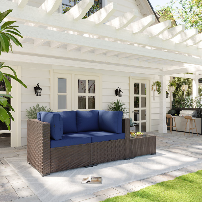3 -Person Rattan Patio Safo With Cushions, Brown, Dark Blue