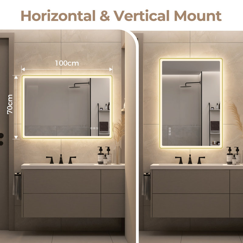 Anti-Fog Rectangular LED Bathroom Mirror, Frameless Gold Spray Edge, Touch Control Mirror, 70cm x 100cm