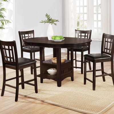 5 tables de salle à manger, hauteur de comptoir, table ronde à ovale, bois, tabourets rembourrés noirs, hauteur de la base à 4 pieds avec rallonge de 18 pouces, table tournante ovale, finition, piédestal et rangement