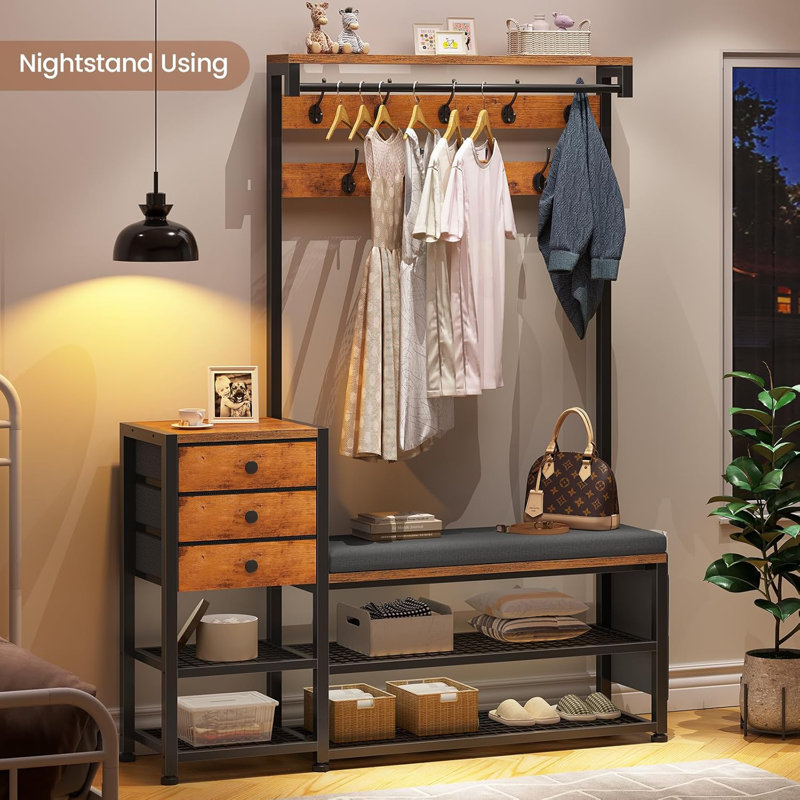 Hall Tree With Bench And Shoe Storage,7-in-1 Entryway Bench With Coat Rack, Hall Tree With Storage Bench, Hangrod And 9 Hooks, Rustic 