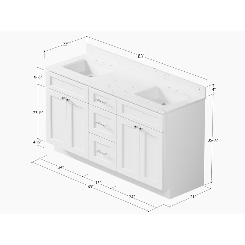 Meuble-lavabo double autoportant 63 po avec plateau en quartz Carrara, 63 po, 3 tiroirs, Blanc
