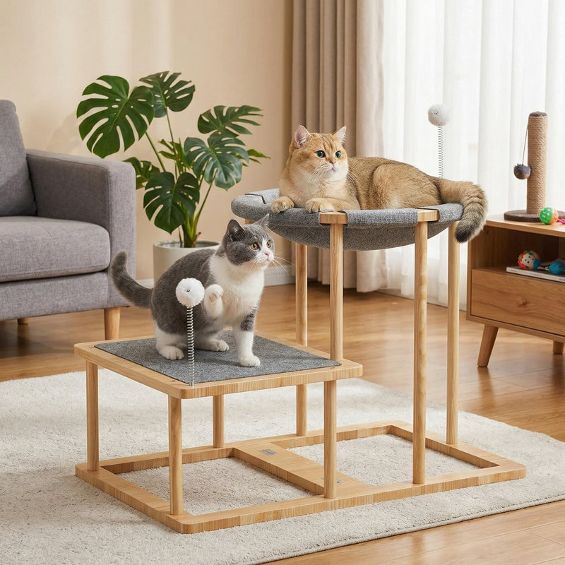 Lit hamac pour chat surélevé à 2 niveaux avec 2 teasers, meubles pour chat en bois avec tapis à gratter, lit double pour chat en forme d'escalier pour l'escalade de chatons d'intérieur