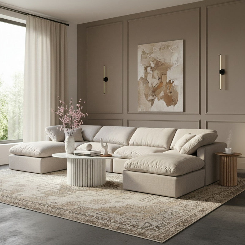 Canapé modulaire en coin 6 pièces Hinami, Tissu crème texturé en lin