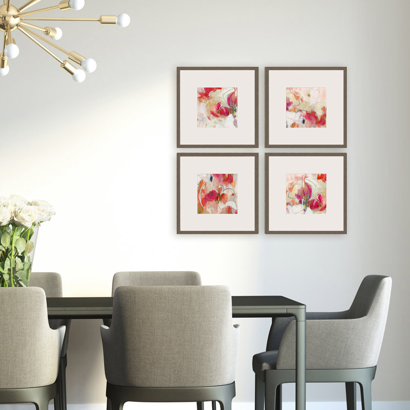 Set of 4 Abstract Floral Prints with Antique Gold Gray Wood Frame