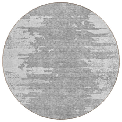 8' Silver Gray And Ivory Round Abstract Washable Indoor Outdoor Area Rug