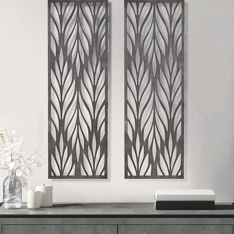 Décoration murale découpée en panneau de bois gris - 2 l 12 po x H 36 po à motif botanique complexe de couleur récupérée 4 crochets pour le travail de chambre à coucher