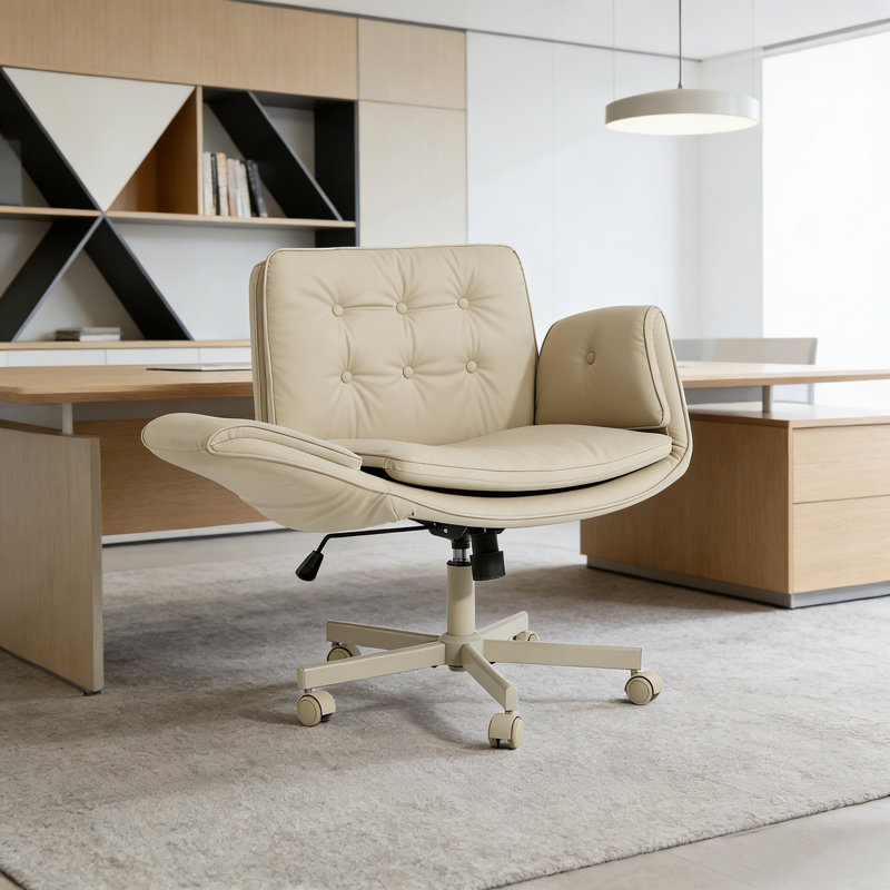 32.7" Wide Modern Premium PU Leather Office Chair With 5-Way Adjustable Arms & Pet-Friendly Wide Seat（Set Of 2）, Beige/Silver