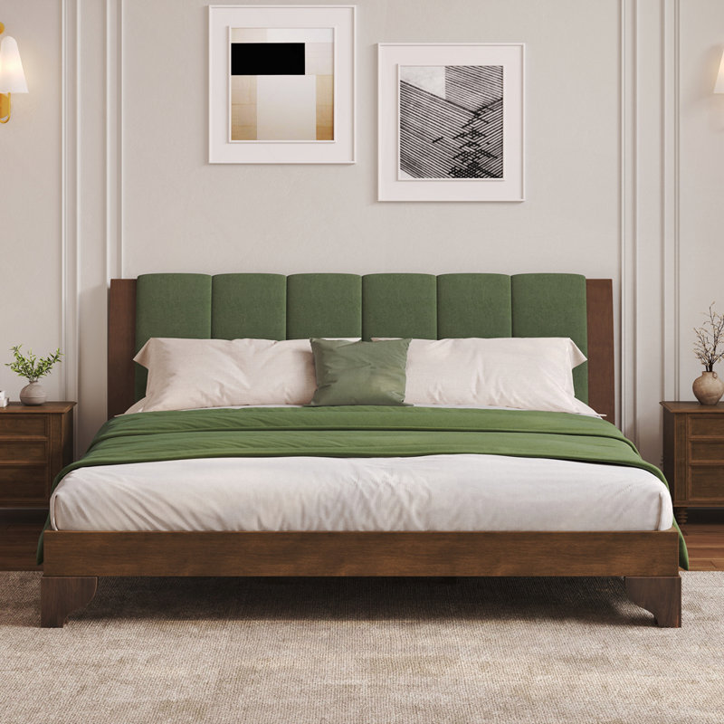 Lit Mid-Century moderne avec tête de lit, Très grand, Vert / noyer