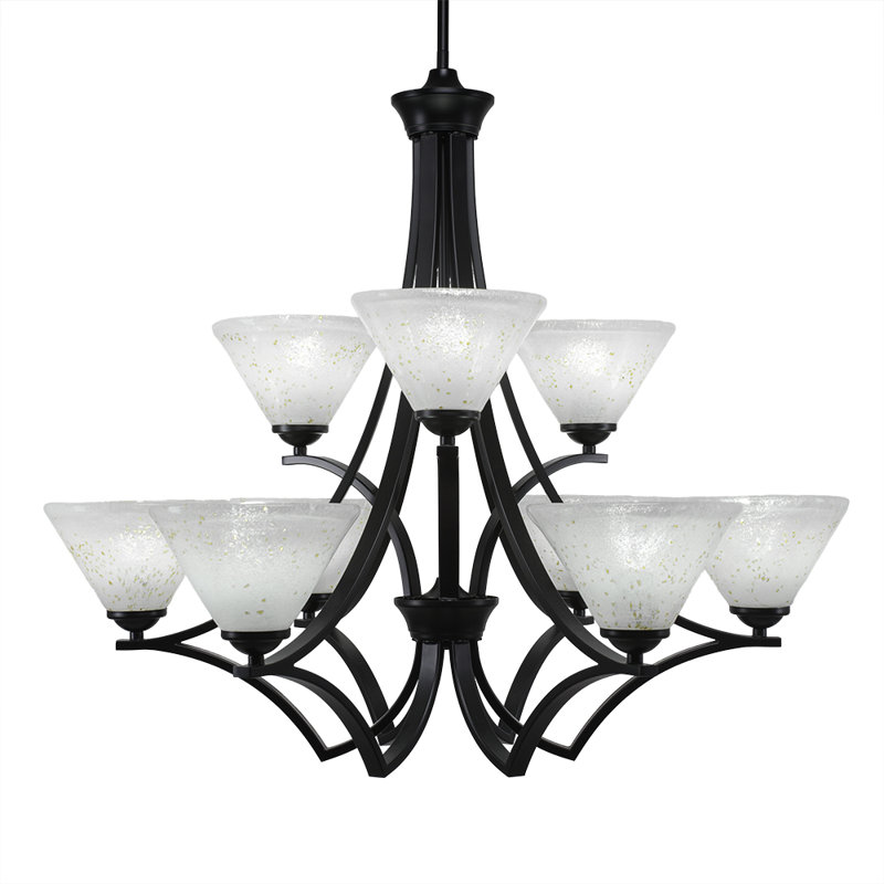 Lustre 9 lumières Zilo illustré en finition granit foncé avec verre doré 7 ", Noir mat