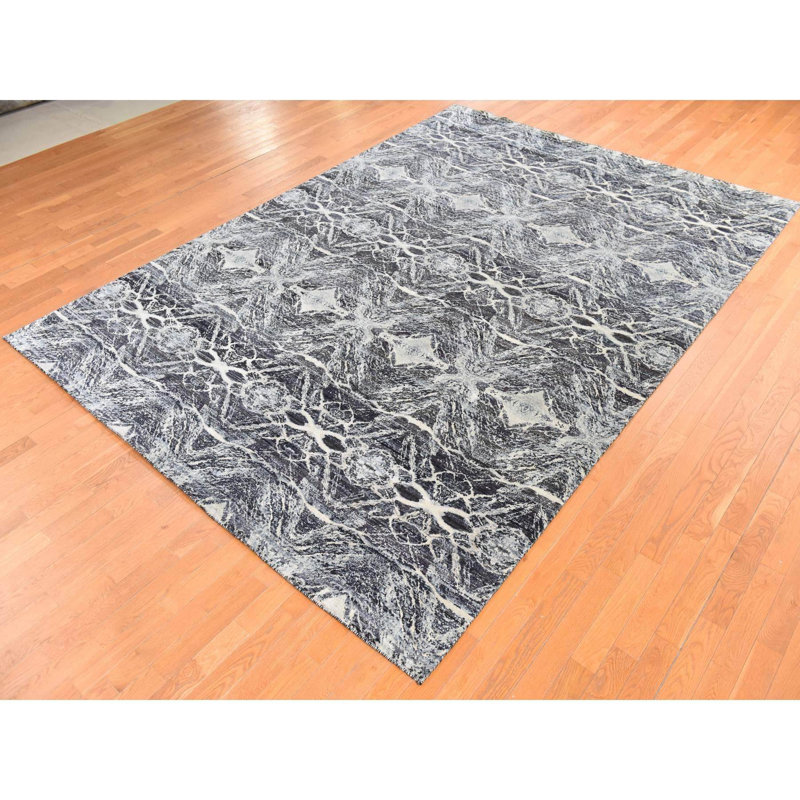 Tapis oriental noué à la main 8 pi 8 po x 12 pi 1 po noir en soie pure à motif fossile texturé