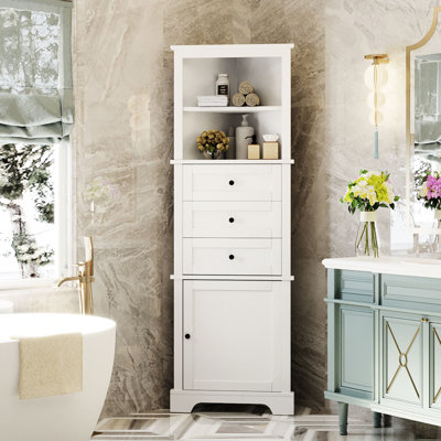 Tall White Triangle Cabinet With 3 Drawers And Adjustable Shelves, Board Painted Finish, Beautifies Home Interior Enhances Aesthetics