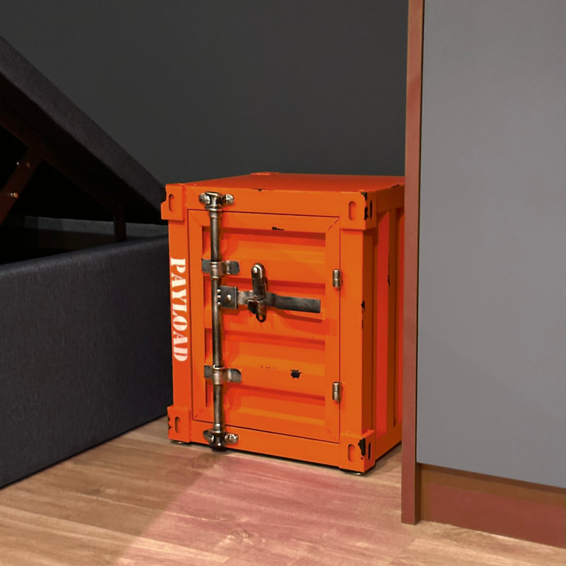 Jearldean Industrial Iron Retro Style Container Side Table With Lock, Orange