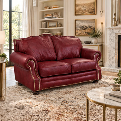 Stana 74" Genuine Leather Rolled Arm Loveseat with Nailhead Trim