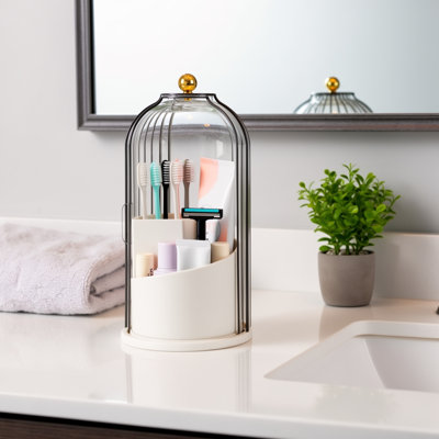 Rotating Toothbrush Holder with Sliding Lid, 3-Slot Bathroom Countertop Organizer for Toothbrushes, Toothpaste, and Makeup Brushes