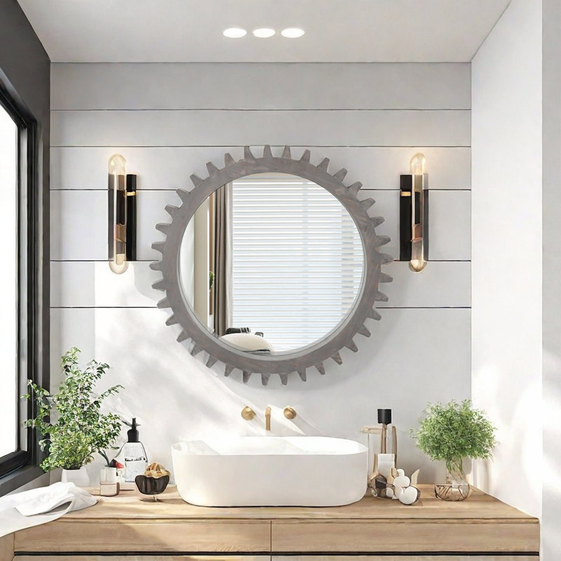 Wooden Round Hanging Gear Shape Heavy Decorative Mirror for Bathroom and Living Room, 34", Dark Brown