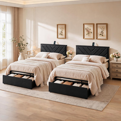 Set of 2 Twin Size Upholstered Metal Platform Bed Frame With Charging Station Headboard and 2 Large Under Bed Storage Drawers, No Box Spring Needed, Easy Assembly, Black