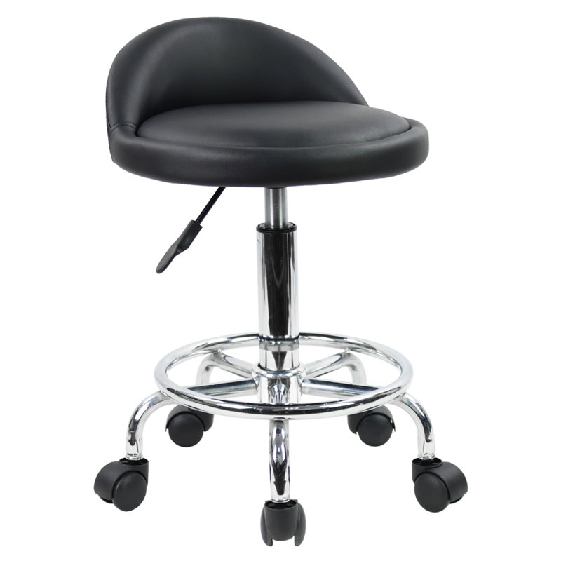 Backed Adjustable Height Ergonomic Lab Stool with Footring Wheels, Black