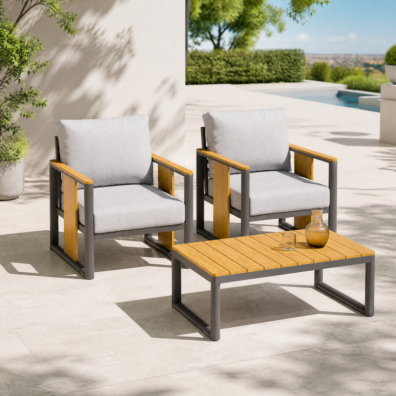 Ensemble de mobilier d'extérieur moderne 2 pièces avec coussins de siège profond et table basse d'appoint en grain de bois clair