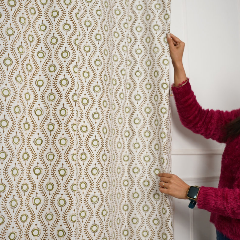 Ethnic Chic Block Print Linen Curtain Handcrafted Beauty, Lehar, Green, 54" W x 24" L
