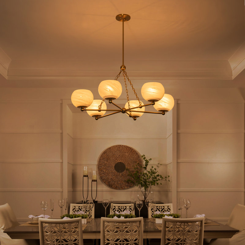 Lustre moderne en laiton 6 lumières avec abat-jour en verre texturé, hauteur réglable de 23,62 po à 78,74 po, compatible avec un îlot de cuisine de salle à manger