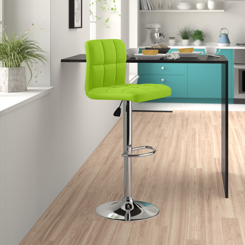 Ahlijah Contemporary Quilted Vinyl Adjustable Height Barstool with Chrome Base, Green