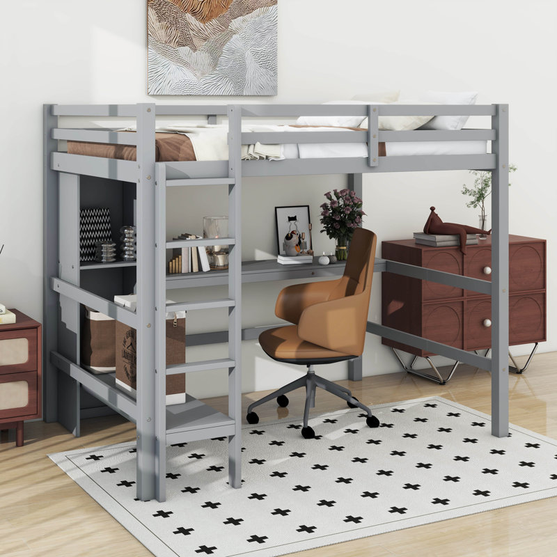 Lit mezzanine avec bureau sous le lit, cadre de lit mezzanine en bois massif avec tablettes de rangement pour adolescents