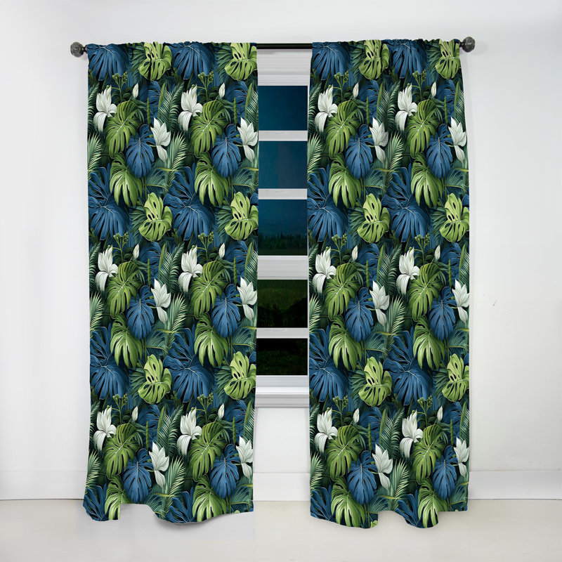 Auvent bleu azur et vert motif tropical II - Rideau tropical - Velours obscurcissant - 1 panneau, L 52 po x L 84 po
