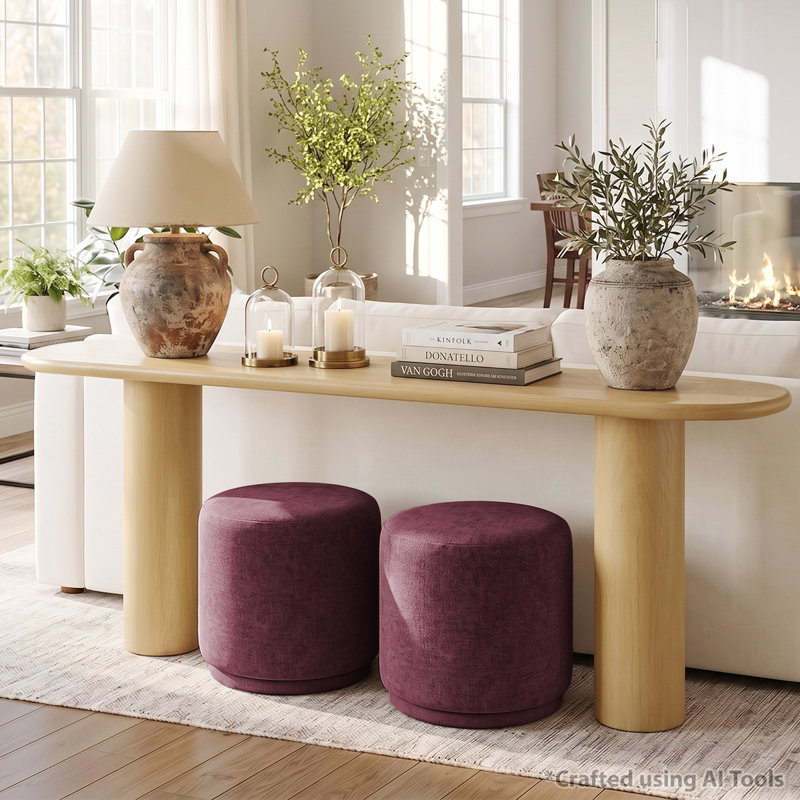 Ensemble de console 70 po en chêne avec 2 repose-pieds ronds rembourrés, Chêne, Wine