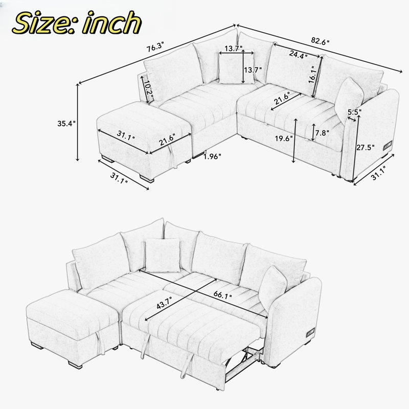 Upholstered Sectional, Beige Fabric