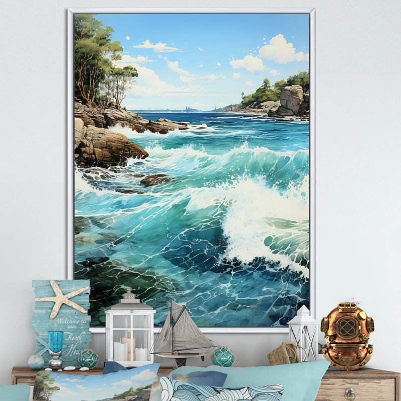 «Azure Seascape Palms Horizon I», reproduction sur toile, Cadre flottant blanc, H 32 po x l 16 po x P 1 po