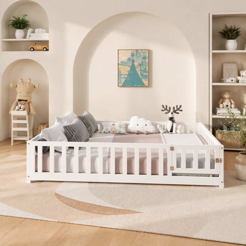 Full Size Floor Platform Bed With Fence And Door For Kids, Montessori Floor Bed Frame With Support Slats For Toddlers, Wooden Floor Bed