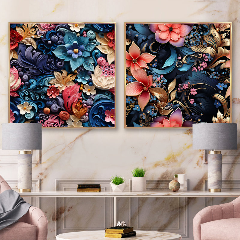 Sprimont - Ensemble de 2 collages floraux et botaniques carrés, H 16 po x l 33 po, Cadre flottant doré