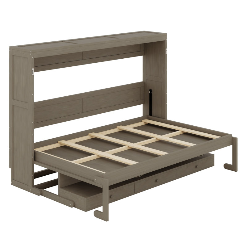 Lit escamotable avec rangement, armoire-lit pliable avec coiffeuse, miroir central et 2 tiroirs latéraux, Gris