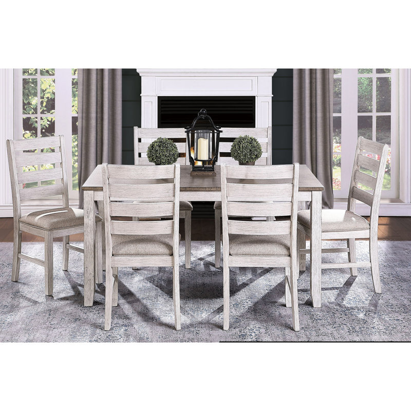 Ensemble de salle à manger 7 pièces, table rectangulaire en bois et 6 chaises, gris-blanc/brun, assises recouvertes de tissu, blanc brun, chaises