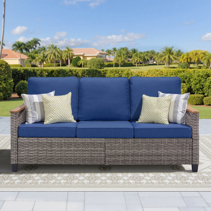 69.7" Wide Outdoor Wicker Patio Sofa, Deep Seating Outdoor Couch With Cushions For Porch Garden, Blue