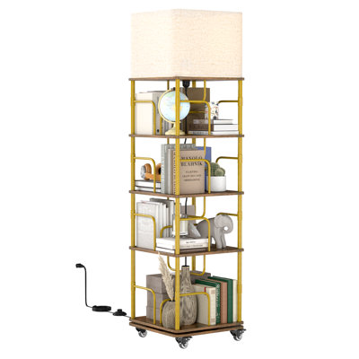 4-Tier Rotating Bookshelf with Light, 360 Spinning Bookcase Tower with Wheels, Multi-functional Corner Shelf with 3-Color Lighting