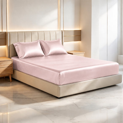 Satin King Sheets Set - 3 Piece Pink Silky Bed Sheets Set with 17-Inch Deep Pocket, Luxury Silk Feel Satin Queen Size Sheet Set