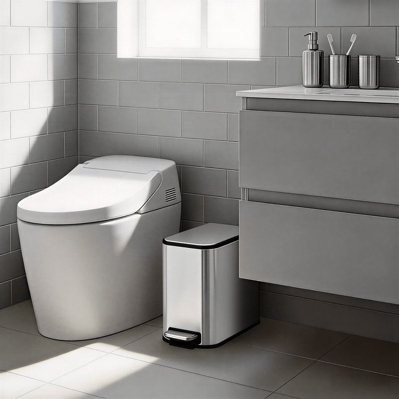 Poubelle de salle de bain avec couvercle à fermeture douce, petite poubelle de cuisine en acier inoxydable de 2 gallons avec seau intérieur amovible, argent