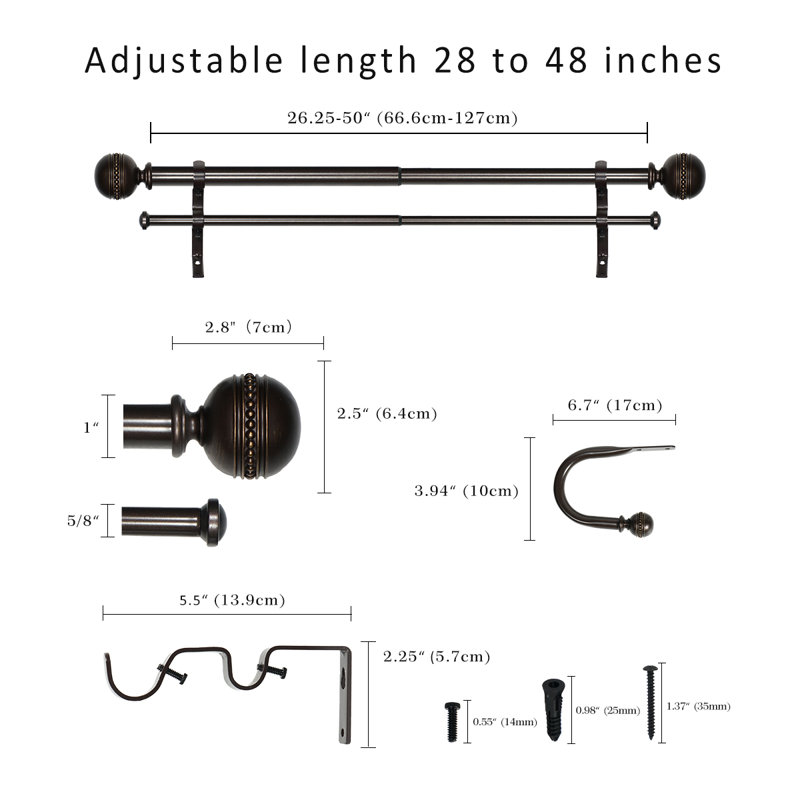 Tringle à rideaux double Camilah, Bronze, 28" - 48"