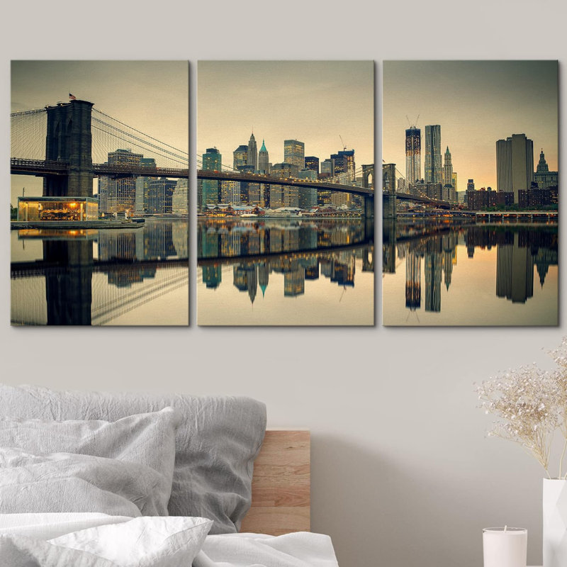 Pont de Brooklyn et Manhattan au crépuscule, art de la maison moderne de New York, Toile tendue, H 36 po x l 72 po