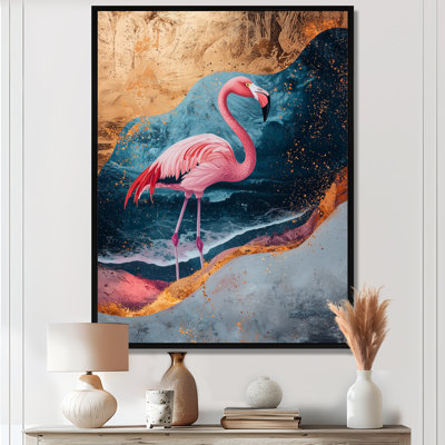 Clairice, flamant rose doré sur un paysage de plage audacieux III - art mural sur toile Flamingo