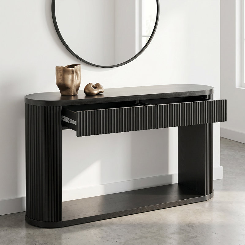 Console élégante avec design cannelé, glissières en métal et tablette de rangement ouverte, Noir