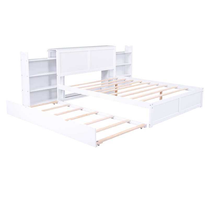 Grand lit avec tablettes coulissantes et lit simple TG, blanc - bois, plateforme de rangement pratique et lit gigogne, tête de lit pratique
